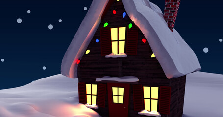 Image of snow falling over house with christmas decoration