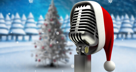Image of retro microphone over winter landscape