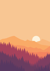 Vector illustration of beautiful  mountain landscape with fog and forest. Sunrise and sunset in mountains. Vector illustration, poster