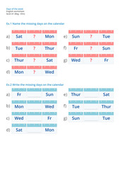 Vector worksheet of days of the week in English. English handout of learning days of the week.