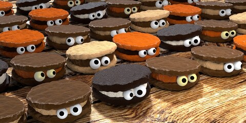 Halloween monster cookies with eyes - 3D illustration