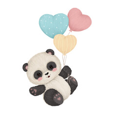 Cute baby panda illustration wirh a blue, yellow and red heart shaped air balloons