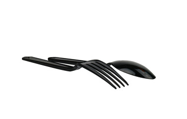 Set of black plastic - spoon and fork for takeaway or travel . Kitchen utencils for delivery service, Eco plastic recycling for Picnic.