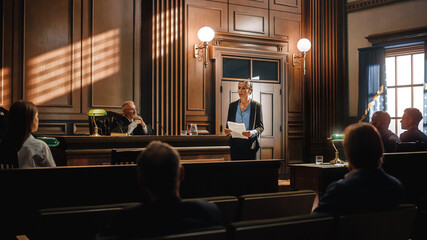 Court of Justice and Law Trial: Successful Female Public Defender Presenting the Case, Making...