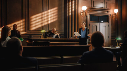 Court of Justice and Law Trial: Successful Female Public Defender Presenting the Case, Making...