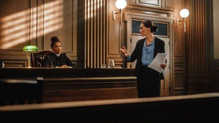 Court of Justice and Law Trial: Successful Female Public Defender Presenting the Case, Making...