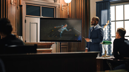 Court of Law Trial in Session: Portrait of Charismatic Male Public Defender Showing Dead Man on TV...