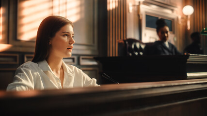 Court of Law and Justice Trial: Portrait of Beautiful Female Witness Giving Evidence to Prosecutor...