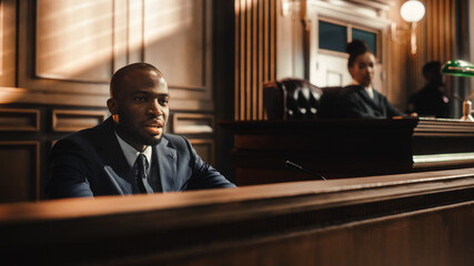 Court of Law and Justice Trial Stand: Portrait of Handsome Male Witness Giving Testimony to Judge, Jury. Speech of Hardened Criminal Denying Charges, Lying, Accusing Victims, Committing Perjury. - obrazy, fototapety, plakaty