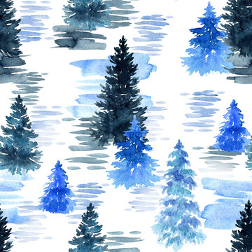 watercolor seamless pattern with fir trees