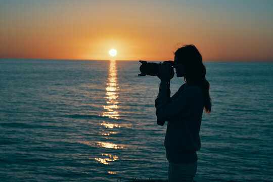 woman photographer outdoors sunset fresh air landscape