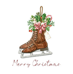 Watercolor floral sketes,Vintage Christmas brown ice skates,winter Holiday essentials,rustic ice skates decor ,traditional xmas,winter bouquet,candy cane, red berries, holly leaves,star