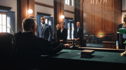 Cinematic Court of Law and Justice Trial: Honorable Male Judge Ruling Out a Decision in a Civil...