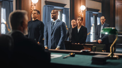 Cinematic Court of Law and Justice Trial: Honorable Male Judge Ruling Out a Decision in a Civil...