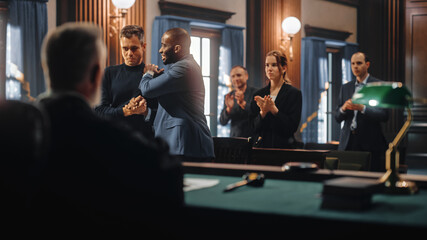 Cinematic Court of Law and Justice Trial: Honorable Male Judge Ruling Out a Decision in a Civil...