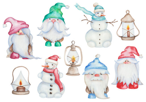 Watercolor illustration hand painted snowmen, dwarf gnomes, fire lanterns isolated on white. Cartoon clip art characters for holiday celebration New Year, Christmas design postcard, greetings, fabric