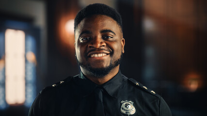 Authentic Portrait of Happy and Handsome Black Policeman in Universal Uniform Smiling at Camera....