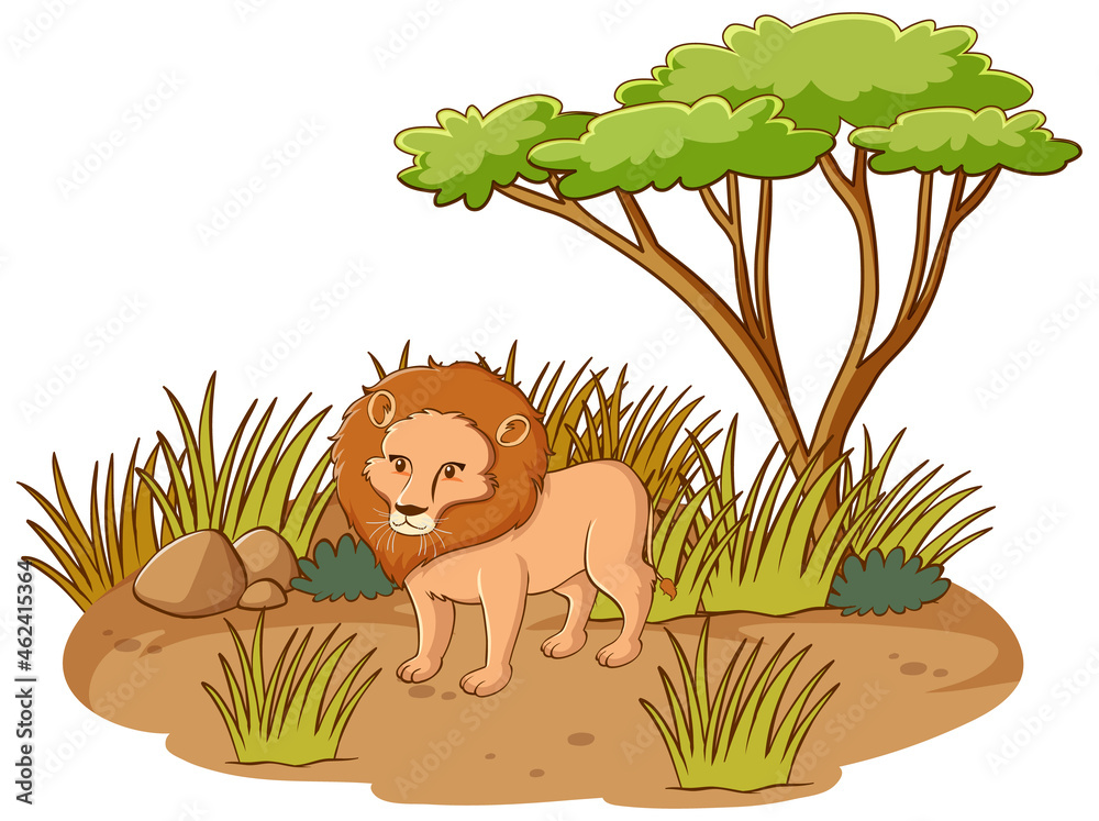 Sticker lion in savannah forest on white background