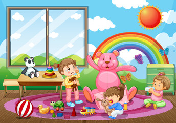 Obraz na płótnie Canvas KIndergarten room scene with many kids playing with their toys