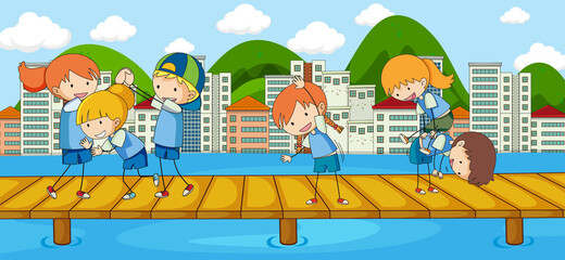 Scene with many dooddle kids cartoon character on the bridge crossing river