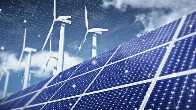 solar cell plant and wind generators connected to smart grid.Energy supply;energy transmission;eolic turbine;distribution of energy;Powerplant;high voltage supply.timelapse sunset cloud.wind power.