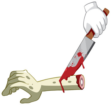 Cut zombie hand with knife on white background