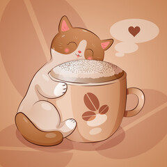 A cheerful cat hugs a cup of coffee on the background of coffee beans. Heart in the haze of coffee. Love for coffee.