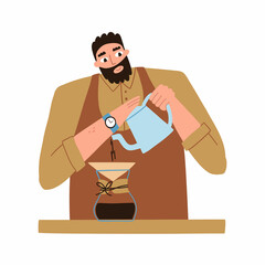 man makes coffee with his own hands. preparation of coffee. coffee maker. vector flat illustration isolated on white background.