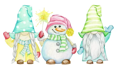 Fotobehang dwarfs snowmen , Christmas clipart, on an isolated background, in cartoon style © Natalia