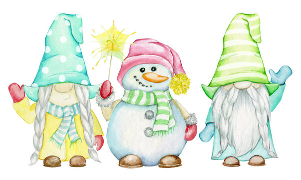 dwarfs snowmen , Christmas clipart, on an isolated background, in cartoon style