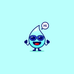 Cute water drop with greeting expression. Isolated on a blue background. Vector illustration of flat face cartoon character mascot