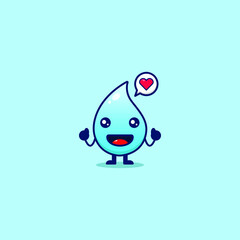 Cute water drop with a happy expression. Isolated on a blue background. Vector illustration of flat face cartoon character mascot