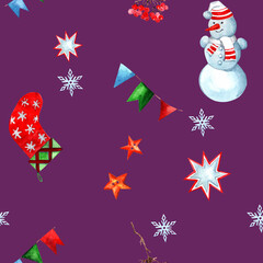 New Year seamless pattern. Snowman, sock, snowflakes, stars, garland flags. Merry Christmas. Festive decor violet background. Hand drawn watercolor for packaging, printing, scrapbooking, wrapping.