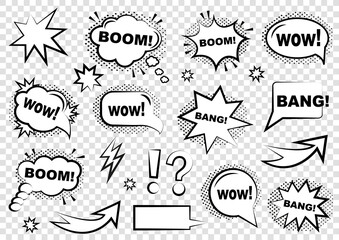 Retro blank comic bubbles and elements with black halftone shadows on a grid background. Vector illustration, vintage design, pop art style