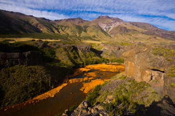 View of Agrio river in stony valley near Salto del Agrio waterfall. Patagonia, Argentina