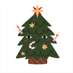 Fototapeta premium Funny Christmas tree. Happy Christmas tree with shiny stars and candles and lollipop in your mouth. Cartoon vector illustration for Christmas and New Year. Winter Holiday.