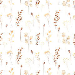 Boho dried flowers watercolor seamless pattern. Trendy color palette bohemian floral digital background. 