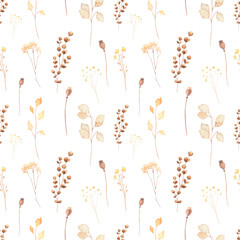 Boho dried flowers watercolor seamless pattern. Trendy color palette bohemian floral digital background. 