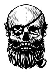 Skull of a pirate with a smoking pipe and an eye patch. Vector illustration. Vector illustration.
