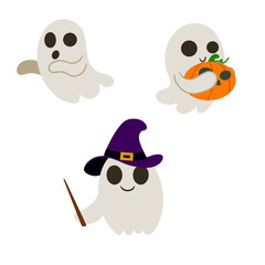 Set of cute halloween ghosts with pumpkin witch hat and magic wand. Design element isolated on white background. Vector illustration