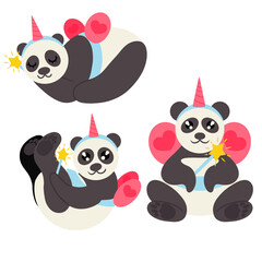Set of pandas in cute unicorn fairy costume with wings and magic wand. Image isolated on white background and can be used as design element. Vector illustration