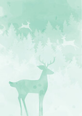 Watercolor winter landscape, white christmas deer illustration