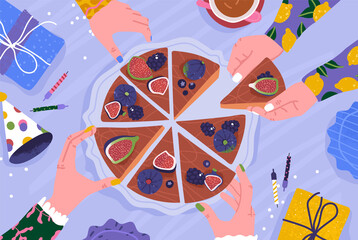 Top view of hands taking piece of cake from plate at a birthday party. Family eating chocolate handmade pie with figs and blueberry. Female hen party or tea drinking concept. Colored vector of dessert