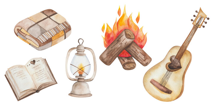 Watercolor illustration hand painted betty oil lantern, book, guitar, fire on logs, checked plaid blanket isolated on white. Design clip art element for camping picnic, cozy autumn postcards, posters