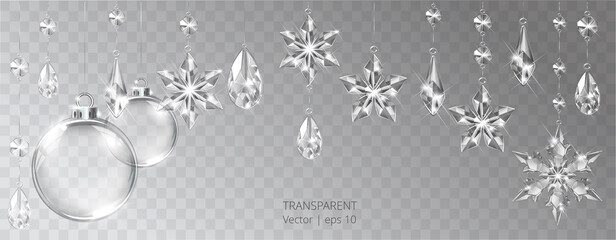 Fototapeta Vector Christmas background with realistic transparent glass balls, snowflakes and decoration. Glass sphere and sparkling translucent crystals obraz