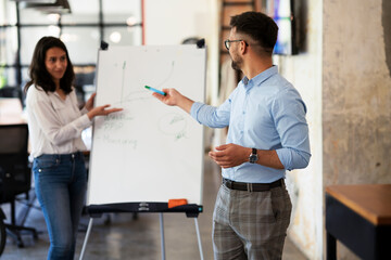 Businessman present his idea to working team. Young happy man presenting businessplan.