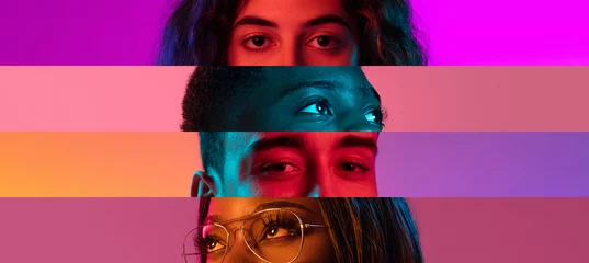 Fotobehang Collage van close-up mannelijke en vrouwelijke ogen geïsoleerd op gekleurde neon backgorund. Veelkleurige strepen. © master1305