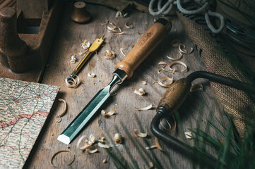 Wood working tools on a wooden background 2