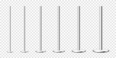 Realistic metal poles collection isolated on transparent background. Glossy steel pipes of various diameters. Billboard or advertising banner mount, holder. Vector illustration.