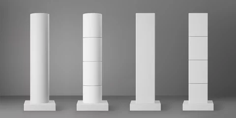 Deurstickers Base white cylinder and square columns set with rectangular plinth isolated on grey background. Realistic 3d pillar for modern room interior or bridge construction. Render pole base for billboard. © janevasileva